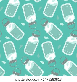Pattern is a reusable plastic water bottle. Eco-friendliness and reduction of waste during single use. Seamless blue texture in the form of a water bottle and drops on a blue background. Water balance