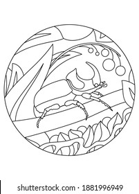 Pattern with Rhinoceros beetle. Mandala illustration of an beetle. Rhinoceros beetle insect in a circular frame. Insect coloring page for kids and adults.
