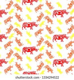 Pattern of rhinoceros in the Mehendi style. Indian style. The rhinoceros are from the bright colors of red-vulgar. Mehendi