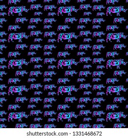 Pattern of rhinos. The rhino is made in bright ornaments. On a black background.