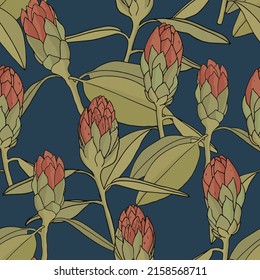 Pattern with Rhododendron Buds on blue background. Protea illustration