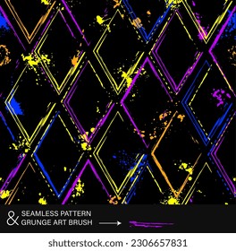 Patrón con rejilla geométrica hombus, pinceladas de pincel de pintura, pintura salpicada de colores brillantes neones. Fondo abstracto virtual Estilo grunge para artículos deportivos, impresiones, ropa, diseño de camisetas, envoltura de vinilo