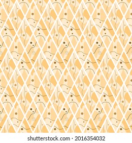 A pattern of rhombuses, spots, circles and lines, beige and brown. Suitable for backgrounds, fabrics, wrapping paper and wallpaper