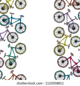 Pattern Ribbon of Bicycles Bike Background. Realistic Hand Drawn Illustration. Savoyar Doodle Style.