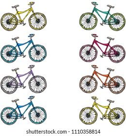Pattern Ribbon of Bicycles Bike Background. Realistic Hand Drawn Illustration. Savoyar Doodle Style.