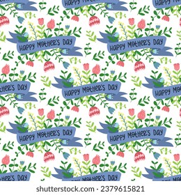 A pattern with a ribbon and flowers for Mother's Day, in a flat style. Cartoon isolated illustration with flowers, ribbons and lettering in seamless ornament. Repetitive Holiday Packaging for Printing