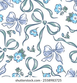 Pattern of Ribbons and blue Nemophila flowers. Art work for pattern, wallpaper, textile and so on