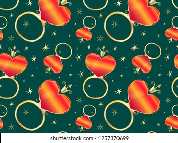 pattern with rings and diamonds in the form of hearts and gold stars around
