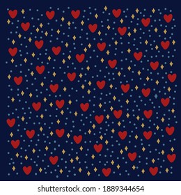 Pattern with rings and glitters. Background with romantic elements of red hearts and sequins. Cartoon doodle and the Word Love. Backing Hearts, Loved Ones, Love, Glitter, Stars. 