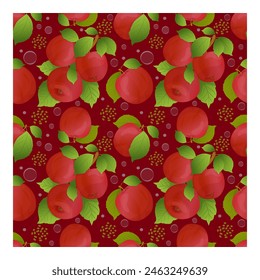 Pattern of a ripe apple with green leaves on a tree branch, on a dark background. Seamless apple pattern. Wrapping paper, textile, vector illustration