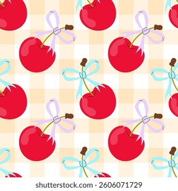 Pattern of ripe cherry with bows on checkered background. Tartan check for tablecloths, napkins, packaging. Cheerful background.