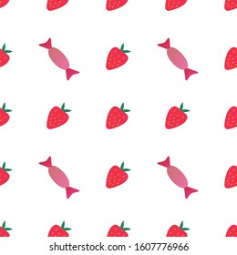 A pattern of ripe delicious strawberries arranged in a checkerboard pattern and decorated with four candies