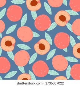 Pattern ripe peaches, juicy fruits. Print for packaging, fabrics, wallpapers, textiles. Vector illustration.