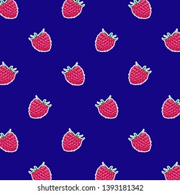 Pattern of ripe raspberries with a white outline on a blue background.