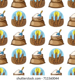 Pattern from ripe rye or wheat and bag of flour. Colored vector illustration isolated on white background