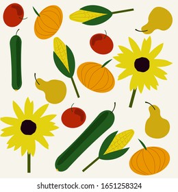 pattern of ripe vegetables, green cucumber, tomato, sunflower, pears, pumpkin and corn on a light background