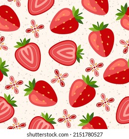 Pattern with ripe whole strawberries and slices of berries on textured background with small particles like dust, motes. SImple bright illustration. For decoration of food package, decorative prints