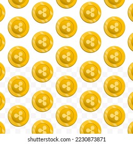 Pattern of Ripple coins on transparent background with mini doodle (icons) and gold color. Vector Illustration