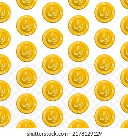 Pattern of Riyal currency on transparent background with mini doodle (icons) and gold color. Vector Illustration