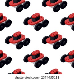 Pattern of robotic lawnmowers in isometry on a white background. Vector