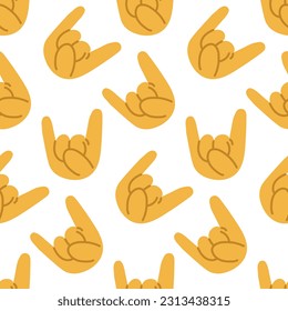 Pattern with Rock n Roll hand sign icon. Cartoon yellow hand with a rock sign on a white background. Printing on textiles and paper. Background for a concert in a simple style. Rock forever