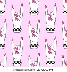 Pattern with Rock sign hand and chessboard wristband. Design punk metal emo 00s music. Y2K style. Vector Flat illustration.