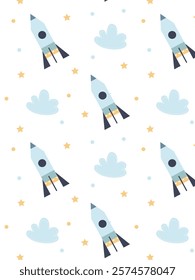 a pattern with a rocket, clouds and stars for kids on a white background