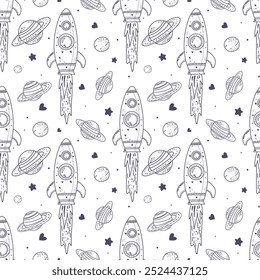 A pattern with a rocket. In a linear children's hand style.