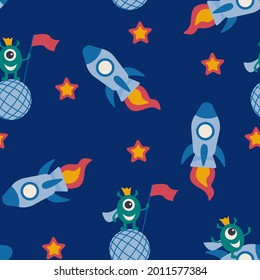 The pattern is a rocket, a planet, stars, an alien. Vector illustration.