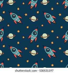 Pattern With Rocket, Planets And Stars. Seamless Vector Texture For Baby Things.