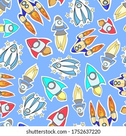 pattern with rocket stickers vector colored seamless background for kids space technology flight texture wallpaper sketch print illustration