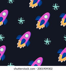 Pattern with rockets in cartoon style. Repeating colored objects. Vector illustration. 