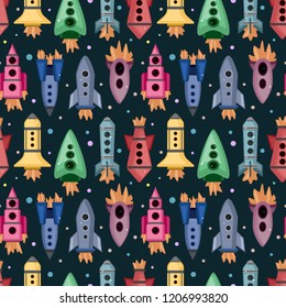 Pattern with rockets in the space. Seamless vector texture for baby things.
