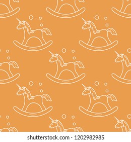 Pattern with rocking magic unicorn and bubbles. Design for children graphic, t-shirt, cover, gift card.