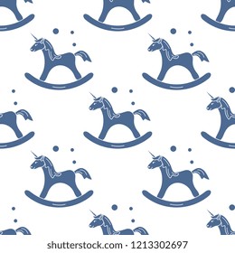 Pattern with rocking magic unicorn and bubbles. Design for children graphic, t-shirt, cover, gift card.