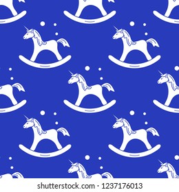 Pattern with rocking magic unicorn and bubbles. Design for children graphic, t-shirt, cover, gift card.