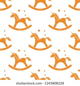Pattern with rocking magic unicorn and bubbles. Design for children graphic, t-shirt, cover, gift card.