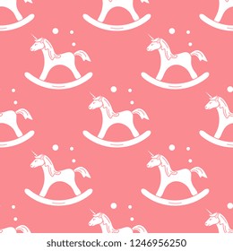 Pattern with rocking magic unicorn and bubbles. Design for children graphic, t-shirt, cover, gift card.