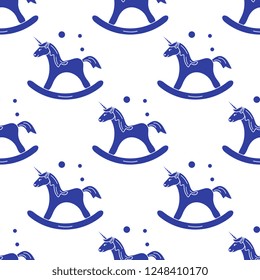 Pattern with rocking magic unicorn and bubbles. Design for children graphic, t-shirt, cover, gift card.