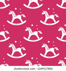 Pattern with rocking magic unicorn and bubbles. Design for children graphic, t-shirt, cover, gift card.