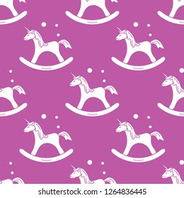 Pattern with rocking magic unicorn and bubbles. Design for children graphic, t-shirt, cover, gift card.