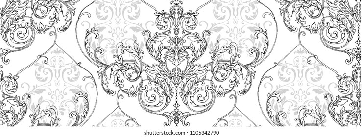 Pattern with rococo, baroque element, classic damask, swirls, scrolls on white background with small grey scrolls.