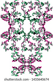 Pattern with rococo ornament with structure on the motive, vertical bright green and pink medallions-motives on white background
