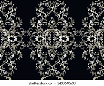 Pattern with rococo,baroque ornament with structure on the motive, aged vertical medallion, grey swirls on black background