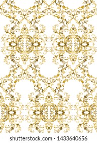 Pattern with rococo,baroque ornament with structure on the motive, aged vertical medallion, gold  swirls in rhombus on white background