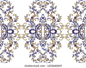 Pattern with rococo,baroque ornament with structure on the motive, aged vertical medallion, gold and blue swirls on white background