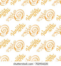 Pattern from roll cakes with vanillas flowers. Monochrome flat illustration isolated on white background with vintage inscription