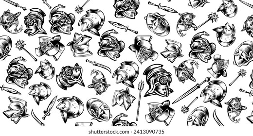 pattern of Roman gladiator armour helmets black and white vector illustration