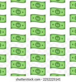 Pattern of romanian leu banknotes on transparent background with mini doodle (icon) and green color. Vector Illustration