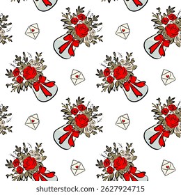 pattern with romantic flower bouquets with red roses tied with red ribbons in vases. Isolated on white background. Perfect for Valentine's Day packaging